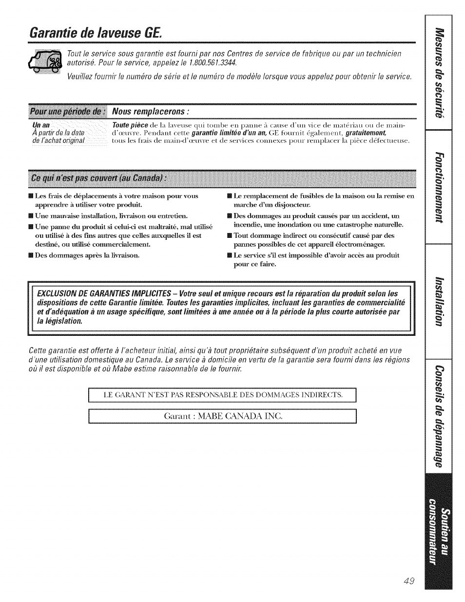Garantie de iaweuse ge | GE LAVEUSES GBVH5140 User Manual | Page 49 / 76