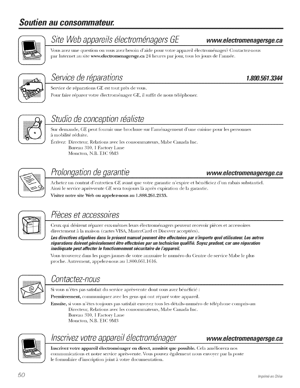 Soutien au consommateur, Site web appareils électroménagers ge, Service de réparations | Studio de conception réaliste, Prolongation de garantie, Pièces et accessoires, Contactez-nous, Inscrivez votre appareil électroménager | GE LAVEUSES GBVH5140 User Manual | Page 50 / 76