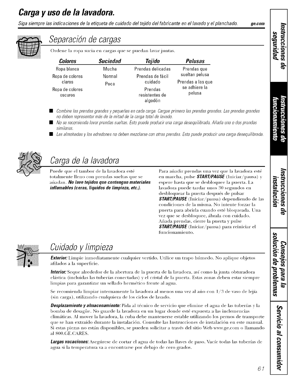 Carga y uso de la lavadora, A c5 tí tí 's, Separación de cargas | Colores, Suciedad, Tejido, Pelusas, Carga de la lavadora, Cuidado y limpieza, S^tí | GE LAVEUSES GBVH5140 User Manual | Page 61 / 76