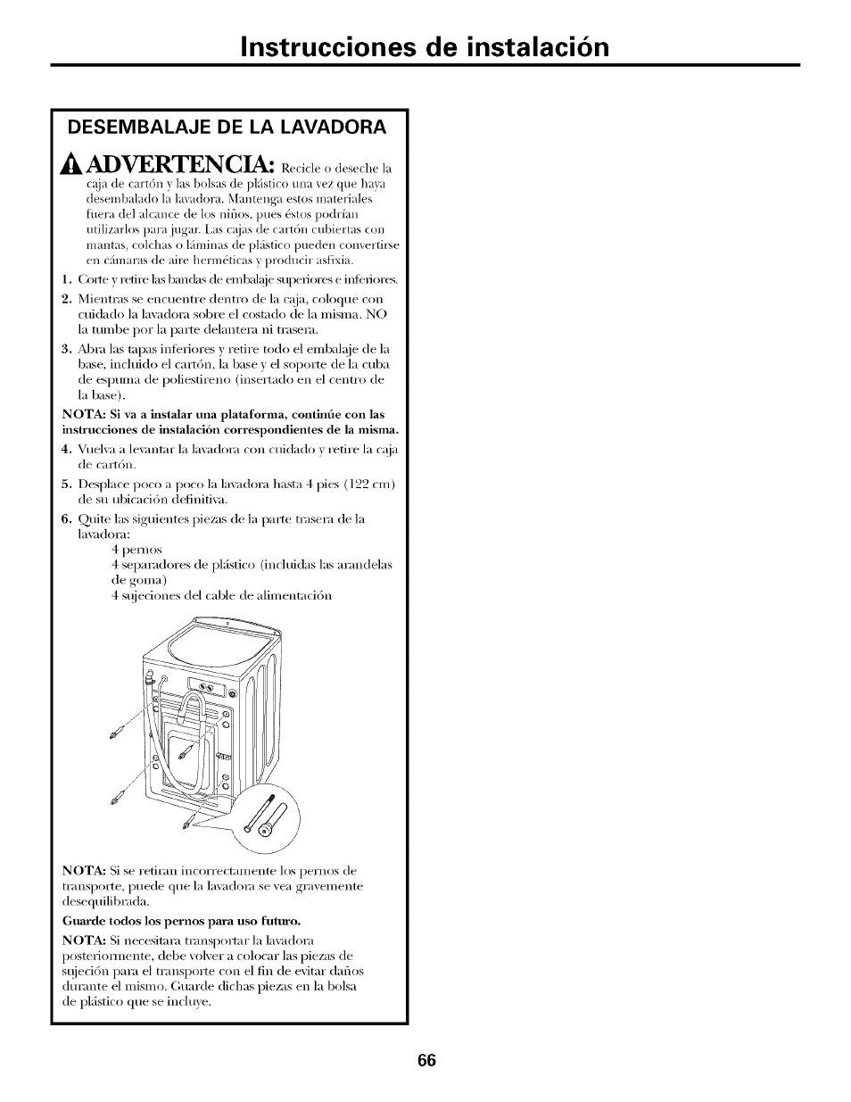 Deseivibaliaje de l.a l-avadora, Desembalaje de la lavadora, Instrucciones de instalación | Advertencia | GE LAVEUSES GBVH5140 User Manual | Page 66 / 76