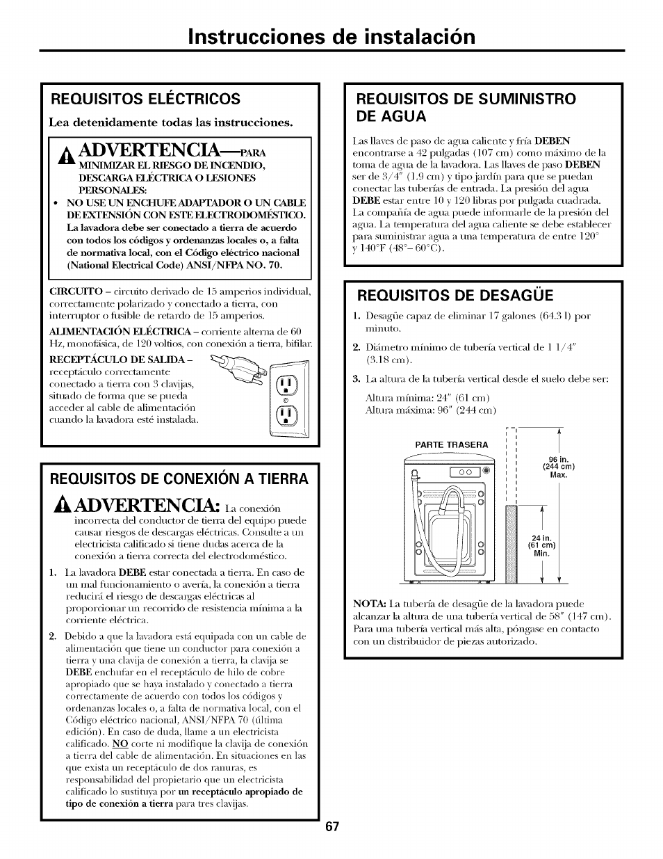 Requisitos el.éctricos, Lea detenidamente todas las instrucciones, Requisitos de conexion a tierra | Requisitos de suministro de agua, Requisitos de desagüe, Requisitos de desagüe requisitos eléctricos, Instrucciones de instalación, Advertencia | GE LAVEUSES GBVH5140 User Manual | Page 67 / 76