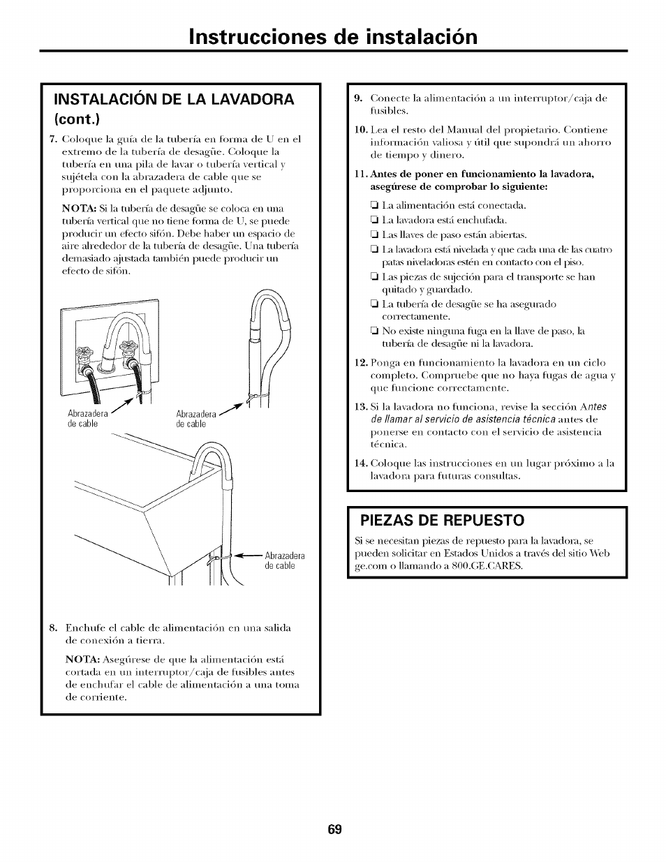 Instalacion de la lavadora (cont.), Piezas de repuesto, Instrucciones de instalación | Instalacion de la lavadora | GE LAVEUSES GBVH5140 User Manual | Page 69 / 76