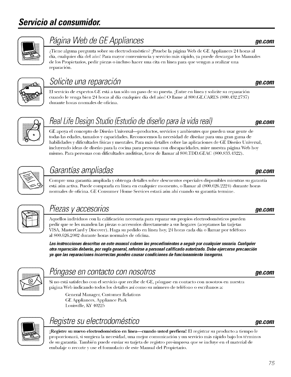 Servicio al consumidor, Solicite una reparación, Garantías ampliadas | Piezas y accesorios, Póngase en contacto con nosotros, Registre su electrodoméstico, Página web de ge appliances | GE LAVEUSES GBVH5140 User Manual | Page 75 / 76