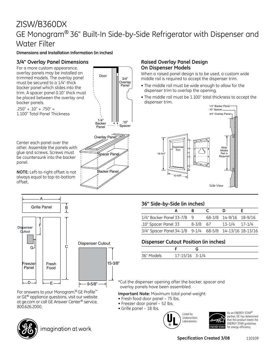 Zisw/b360dx, Ge monogram, 36" side-by-side (in inches) | Dispenser cutout position (in inches), 3/4" overlay panel dimensions, Raised overlay panel design on dispenser models | GE ZISW/B360DX User Manual | Page 3 / 7