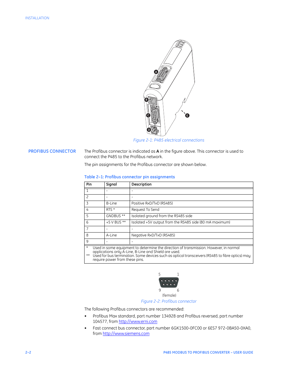 Profibus connector, Profibus connector –2 | GE P485 User Manual | Page 12 / 76