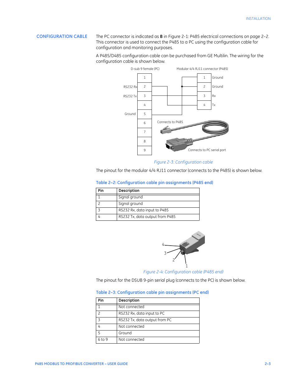 Configuration cable, Configuration cable –3 | GE P485 User Manual | Page 13 / 76