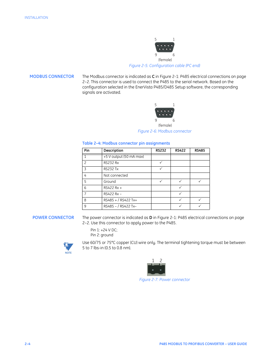 Modbus connector, Power connector, Modbus connector –4 power connector –4 | GE P485 User Manual | Page 14 / 76