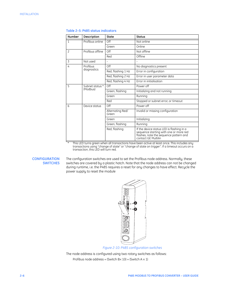 Configuration switches, Configuration switches –6 | GE P485 User Manual | Page 16 / 76