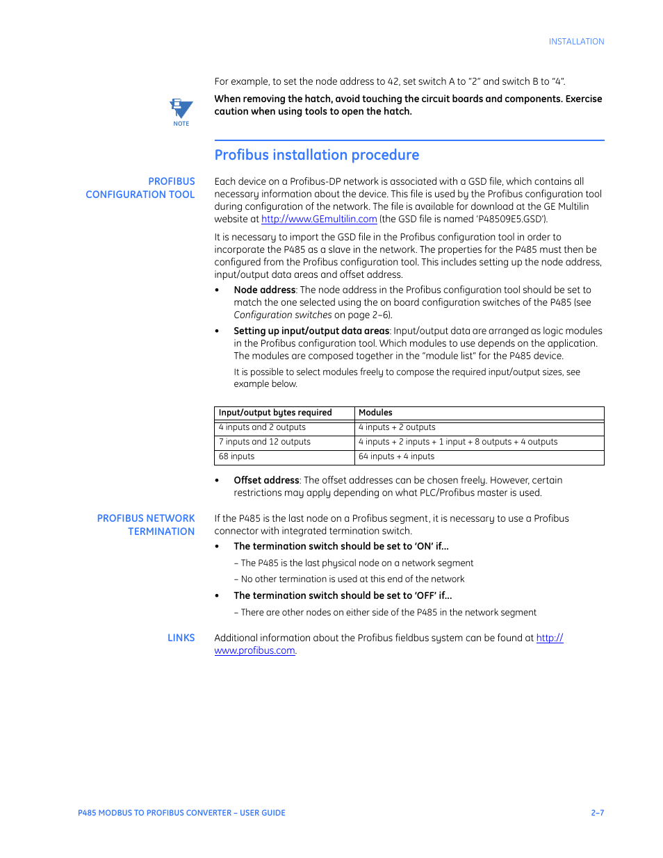 Profibus installation procedure, Profibus configuration tool, Profibus network termination | Links, Profibus installation procedure –7 | GE P485 User Manual | Page 17 / 76