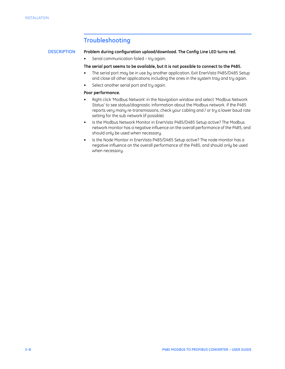 Troubleshooting, Description, Troubleshooting –8 | Description –8 | GE P485 User Manual | Page 18 / 76