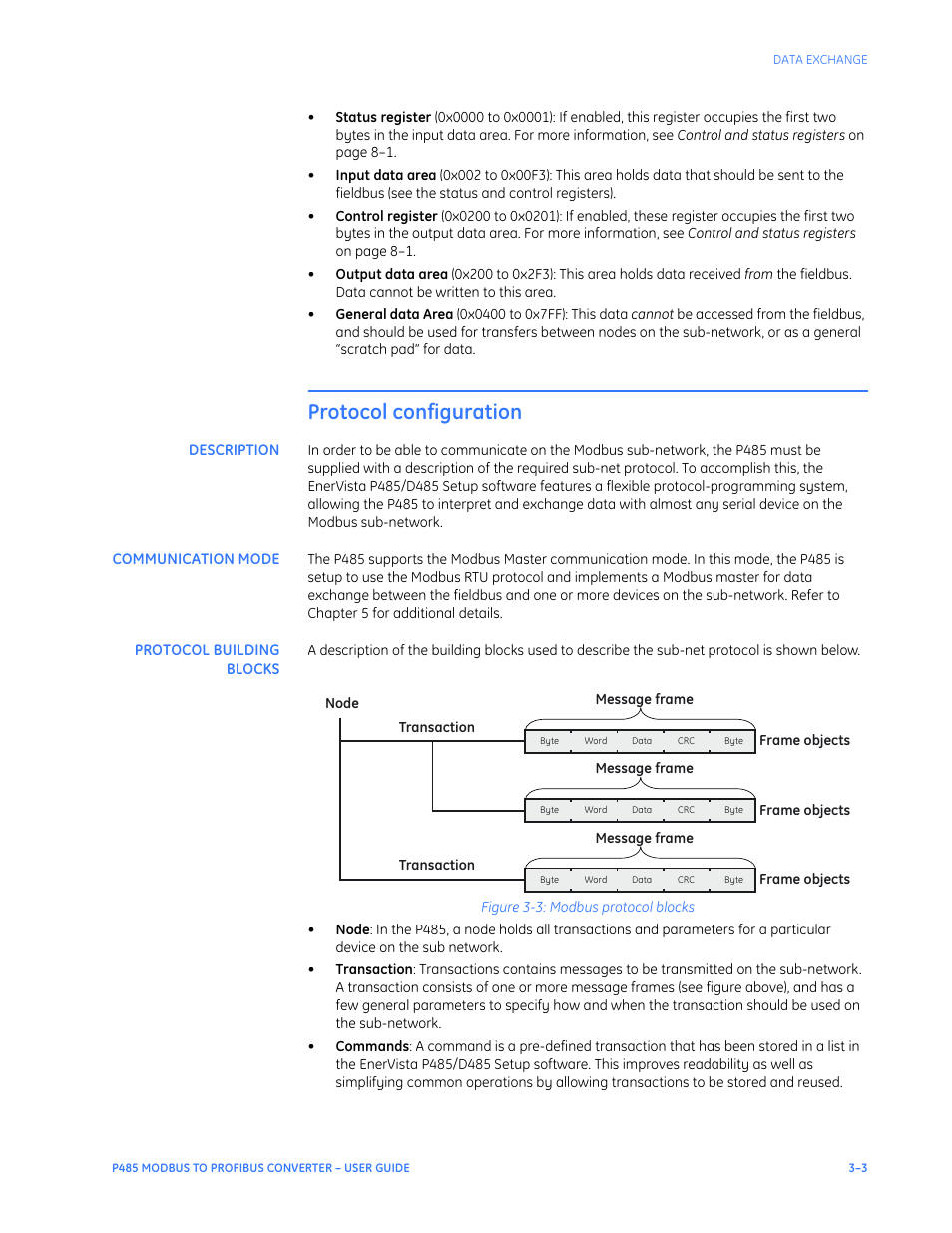 Protocol configuration, Description, Communication mode | Protocol building blocks, Protocol configuration –3 | GE P485 User Manual | Page 21 / 76