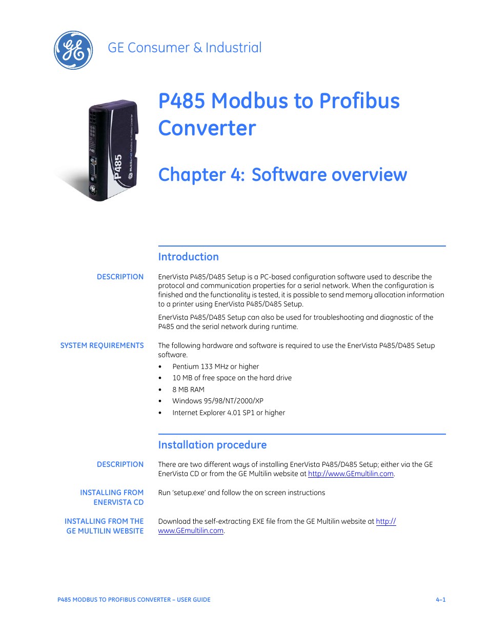 Software overview, Introduction, Description | System requirements, Installation procedure, Installing from enervista cd, Installing from the ge multilin website, Introduction –1, Description –1 system requirements –1, Installation procedure –1 | GE P485 User Manual | Page 23 / 76
