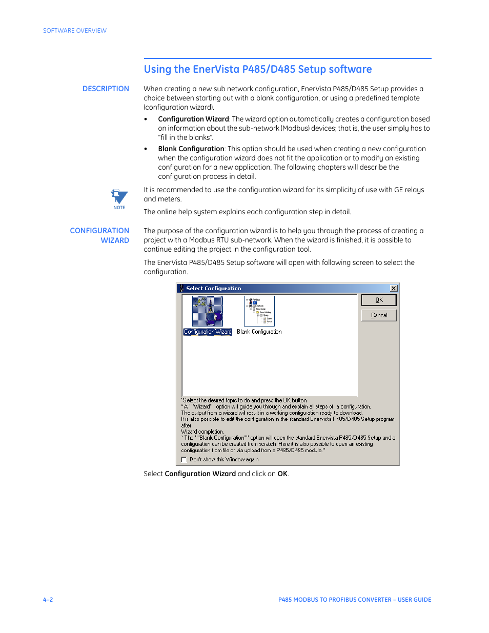 Using the enervista p485/d485 setup software, Description, Configuration wizard | Using the enervista p485/d485 setup software –2, Description –2 configuration wizard –2 | GE P485 User Manual | Page 24 / 76
