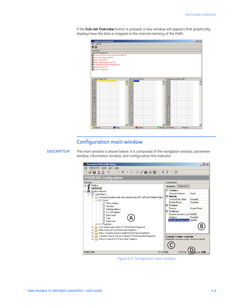 Configuration main window, Description, Configuration main window –9 | Description –9, Ad c b | GE P485 User Manual | Page 31 / 76