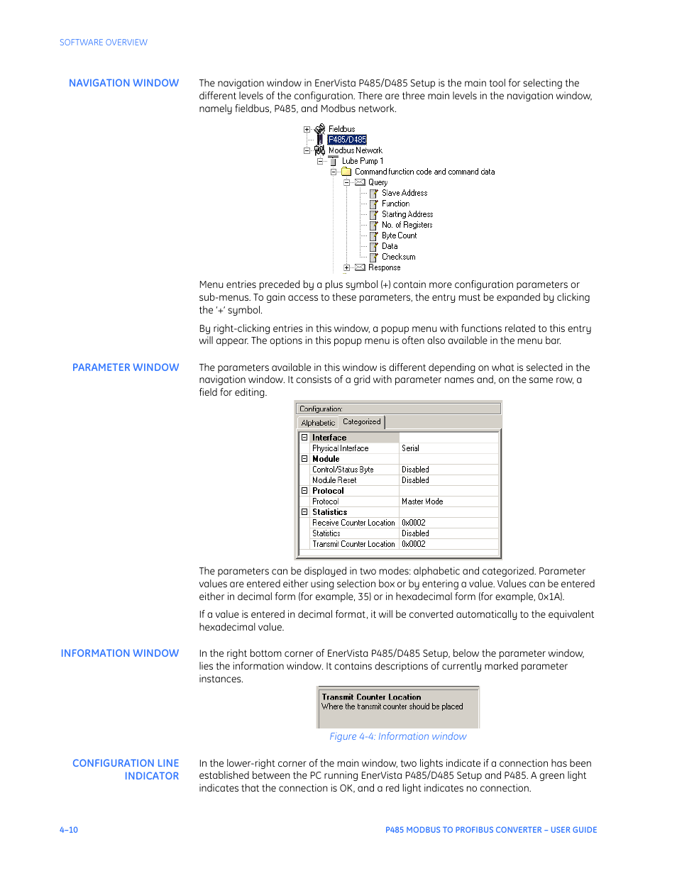 Navigation window, Parameter window, Information window | Configuration line indicator | GE P485 User Manual | Page 32 / 76