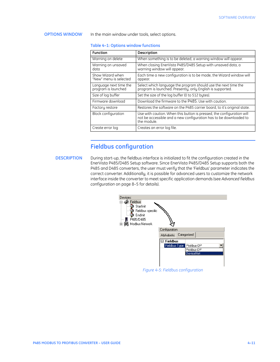 Options window, Fieldbus configuration, Description | Options window –11, Fieldbus configuration –11, Description –11 | GE P485 User Manual | Page 33 / 76