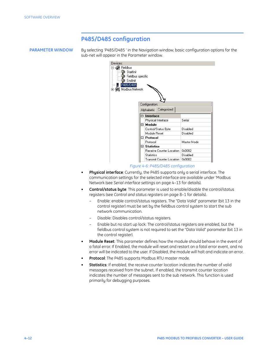 P485/d485 configuration, Parameter window, P485/d485 configuration –12 | Parameter window –12 | GE P485 User Manual | Page 34 / 76