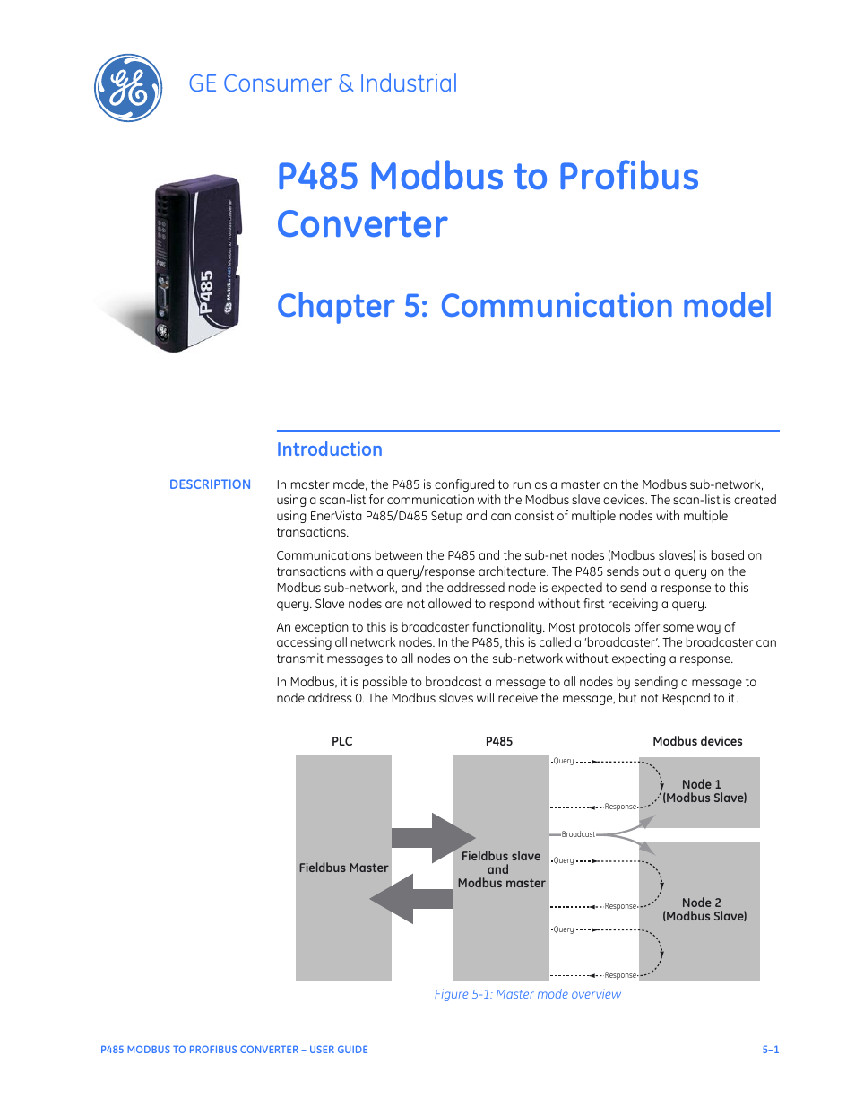 Communication model, Introduction, Description | Introduction –1, Description –1, P485 modbus to profibus converter, Chapter 5: communication model, Ge consumer & industrial | GE P485 User Manual | Page 37 / 76