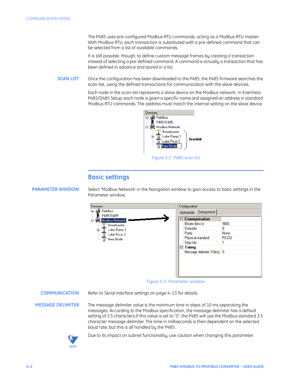 Scan list, Basic settings, Parameter window | Communication, Message delimiter, Scan list –2, Basic settings –2 | GE P485 User Manual | Page 38 / 76