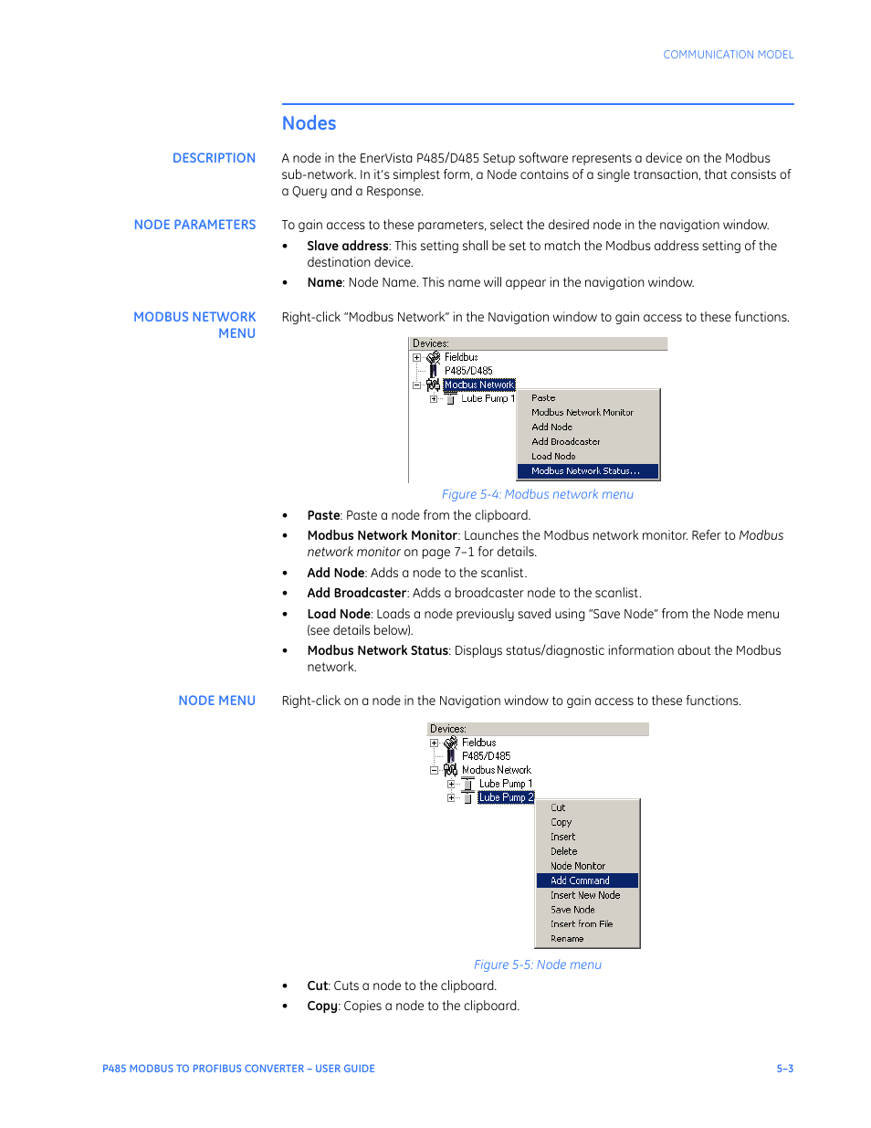 Nodes, Description, Node parameters | Modbus network menu, Node menu, Nodes –3 | GE P485 User Manual | Page 39 / 76