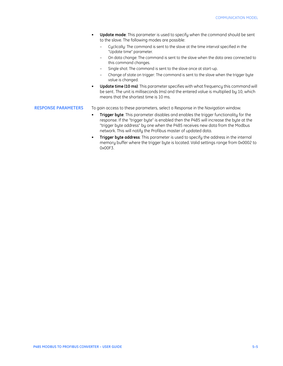 Response parameters, Response parameters –5 | GE P485 User Manual | Page 41 / 76