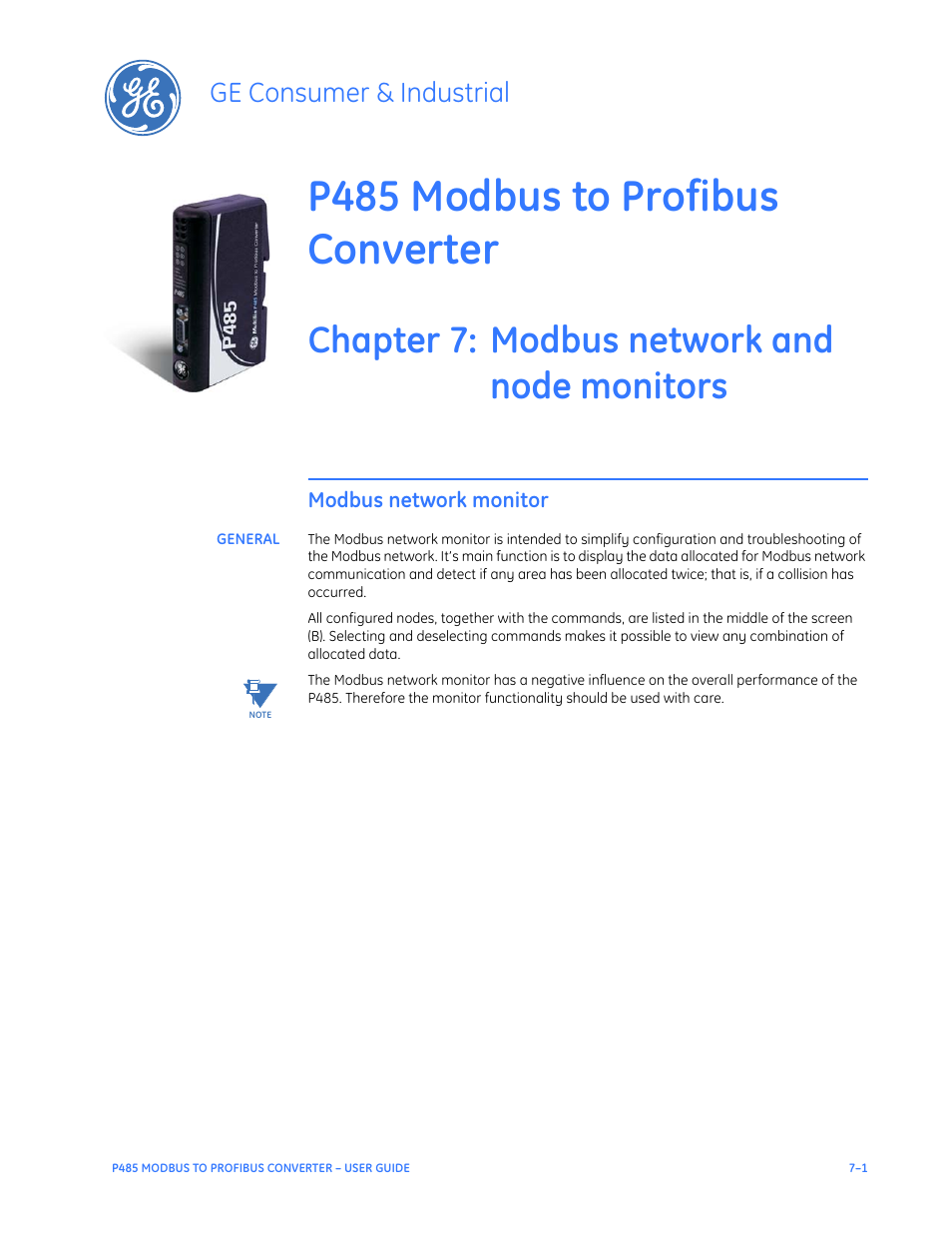 Modbus network and node monitors, Modbus network monitor, General | Modbus network monitor –1, General –1, P485 modbus to profibus converter, Chapter 7: modbus network and node monitors, Ge consumer & industrial | GE P485 User Manual | Page 47 / 76