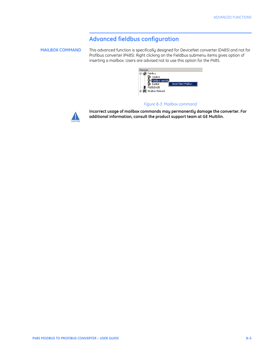 Advanced fieldbus configuration, Mailbox command, Advanced fieldbus configuration –5 | Mailbox command –5 | GE P485 User Manual | Page 55 / 76