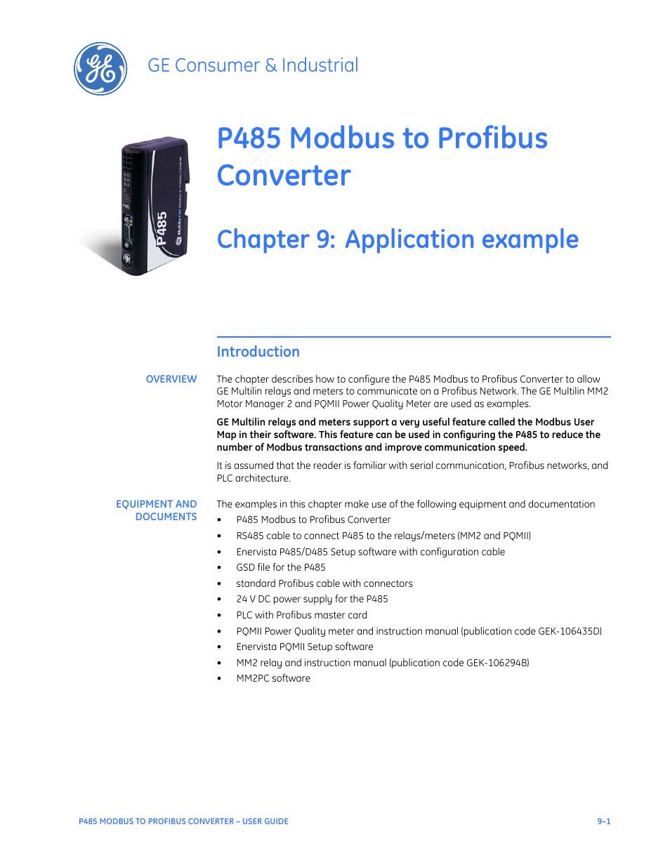 Application example, Introduction, Overview | Equipment and documents, Introduction –1, Overview –1 equipment and documents –1, P485 modbus to profibus converter, Chapter 9: application example, Ge consumer & industrial | GE P485 User Manual | Page 57 / 76