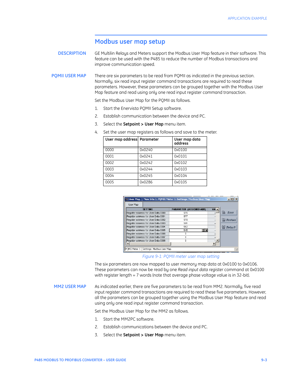 Modbus user map setup, Description, Pqmii user map | Mm2 user map, Modbus user map setup –3, Description –3 pqmii user map –3 mm2 user map –3 | GE P485 User Manual | Page 59 / 76