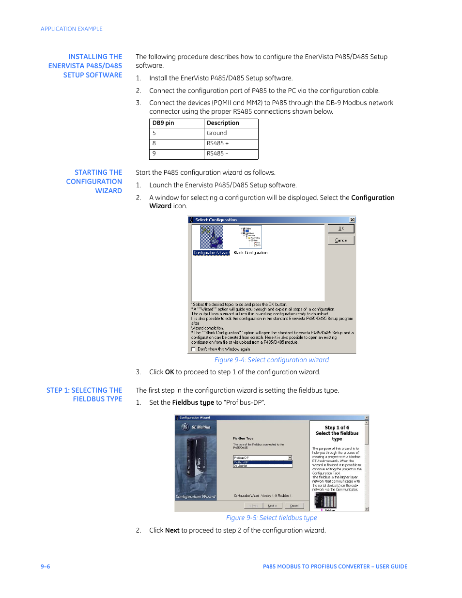 Installing the enervista p485/d485 setup software, Starting the configuration wizard, Step 1: selecting the fieldbus type | Step 1: selecting the fieldbus type –6 | GE P485 User Manual | Page 62 / 76
