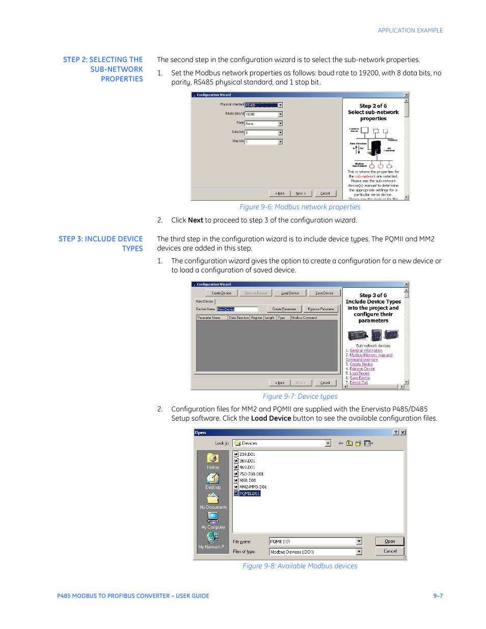 Step 2: selecting the sub-network properties, Step 3: include device types | GE P485 User Manual | Page 63 / 76