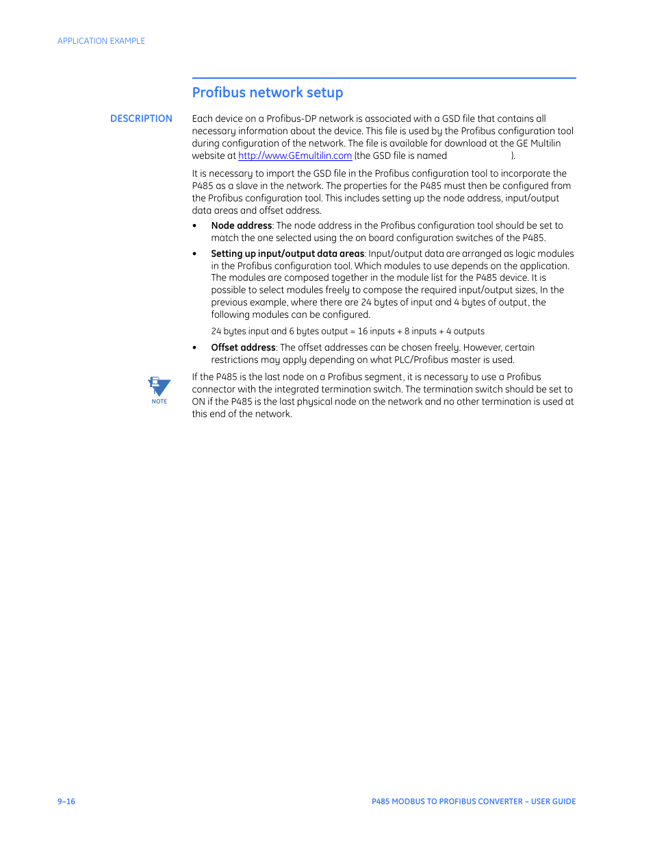 Profibus network setup, Description, Profibus network setup –16 | Description –16 | GE P485 User Manual | Page 72 / 76