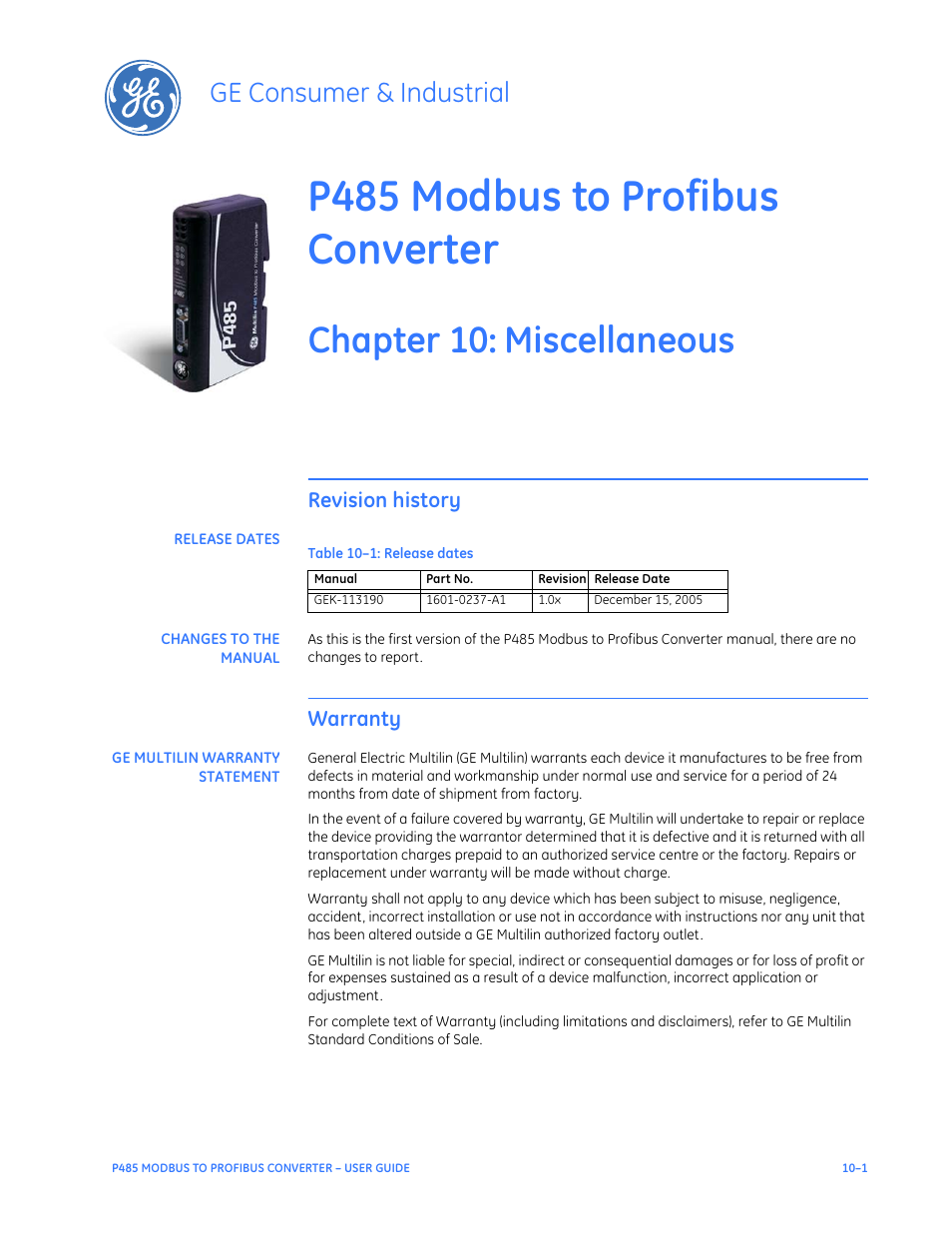 Miscellaneous, Revision history, Release dates | Changes to the manual, Warranty, Ge multilin warranty statement, Revision history –1, Release dates –1 changes to the manual –1, Warranty –1, Ge multilin warranty statement –1 | GE P485 User Manual | Page 73 / 76