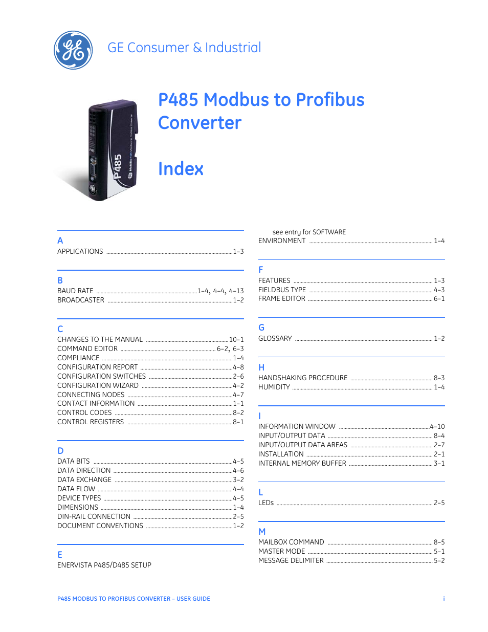 Index, P485 modbus to profibus converter index, Ge consumer & industrial | GE P485 User Manual | Page 75 / 76