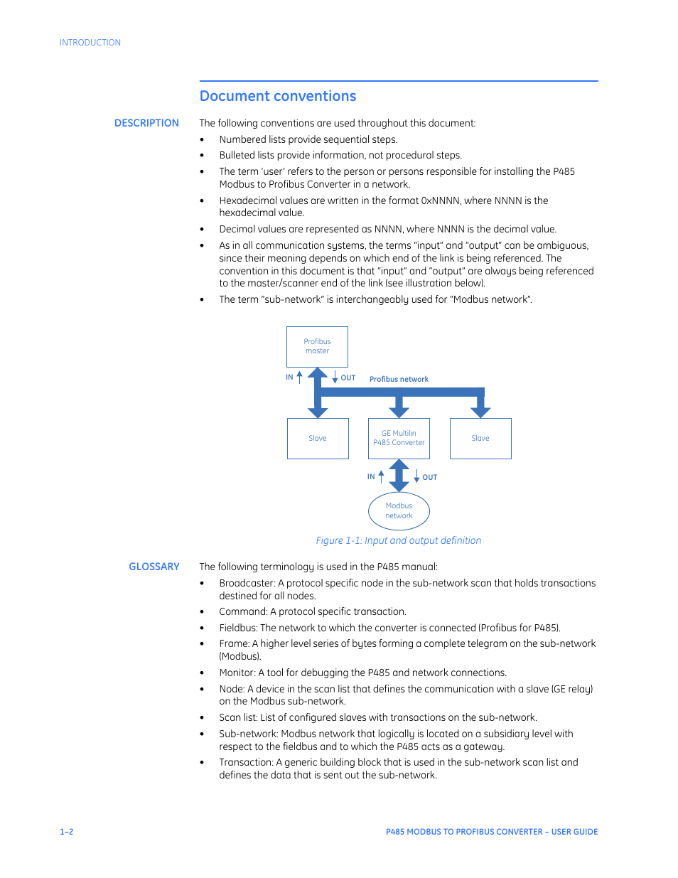 Document conventions, Description, Glossary | Document conventions –2, Description –2 glossary –2 | GE P485 User Manual | Page 8 / 76