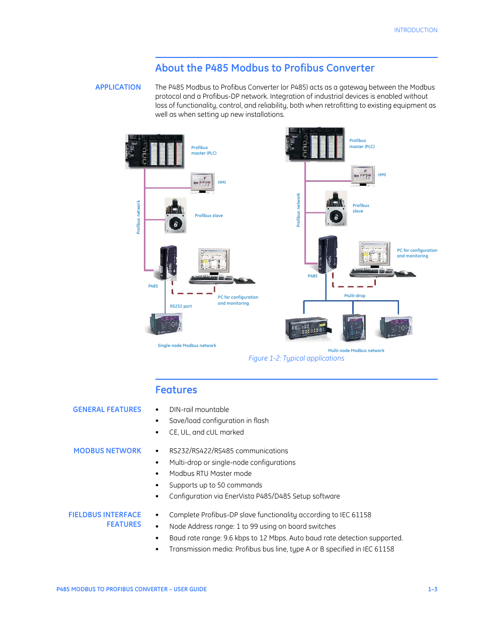 About the p485 modbus to profibus converter, Application, Features | General features, Modbus network, Fieldbus interface features, About the p485 modbus to profibus converter –3, Application –3, Features –3 | GE P485 User Manual | Page 9 / 76