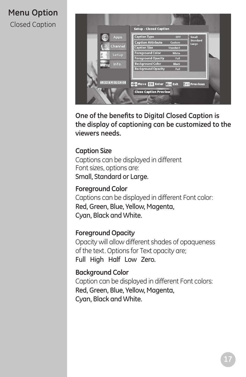 Menu option | GE 22729 User Manual | Page 17 / 23