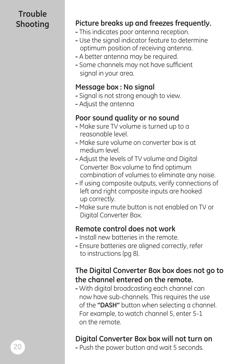 Trouble shooting | GE 22729 User Manual | Page 20 / 23