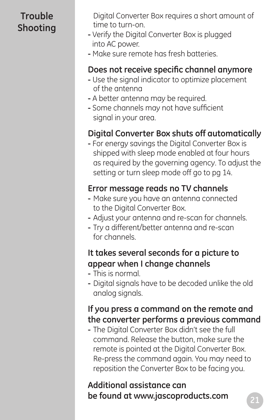 Trouble shooting | GE 22729 User Manual | Page 21 / 23