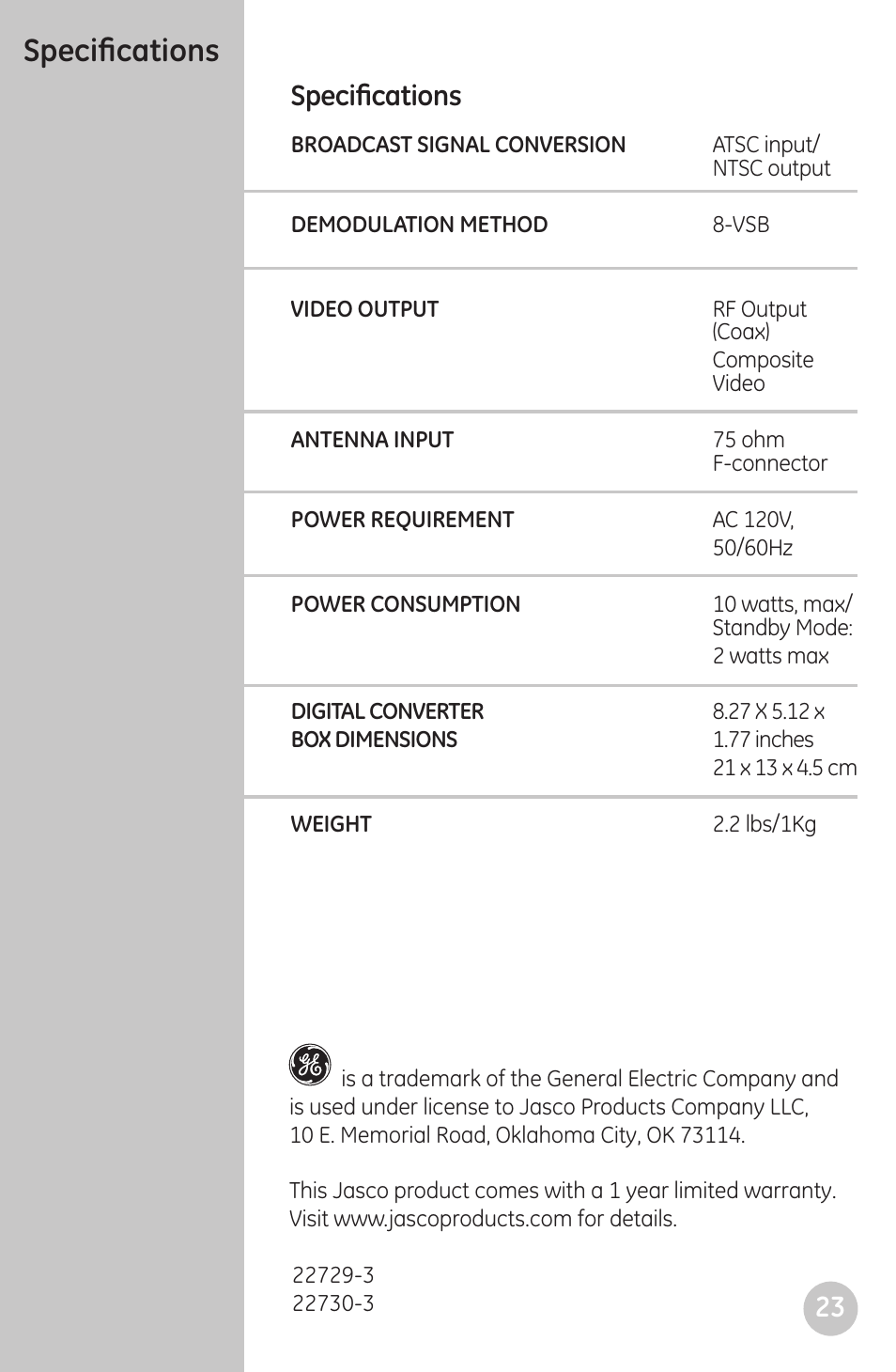 Specifications | GE 22729 User Manual | Page 23 / 23