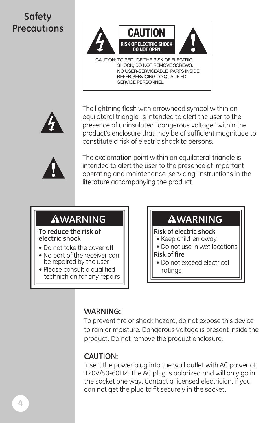 Warning, Safety precautions, Caution | GE 22729 User Manual | Page 4 / 23