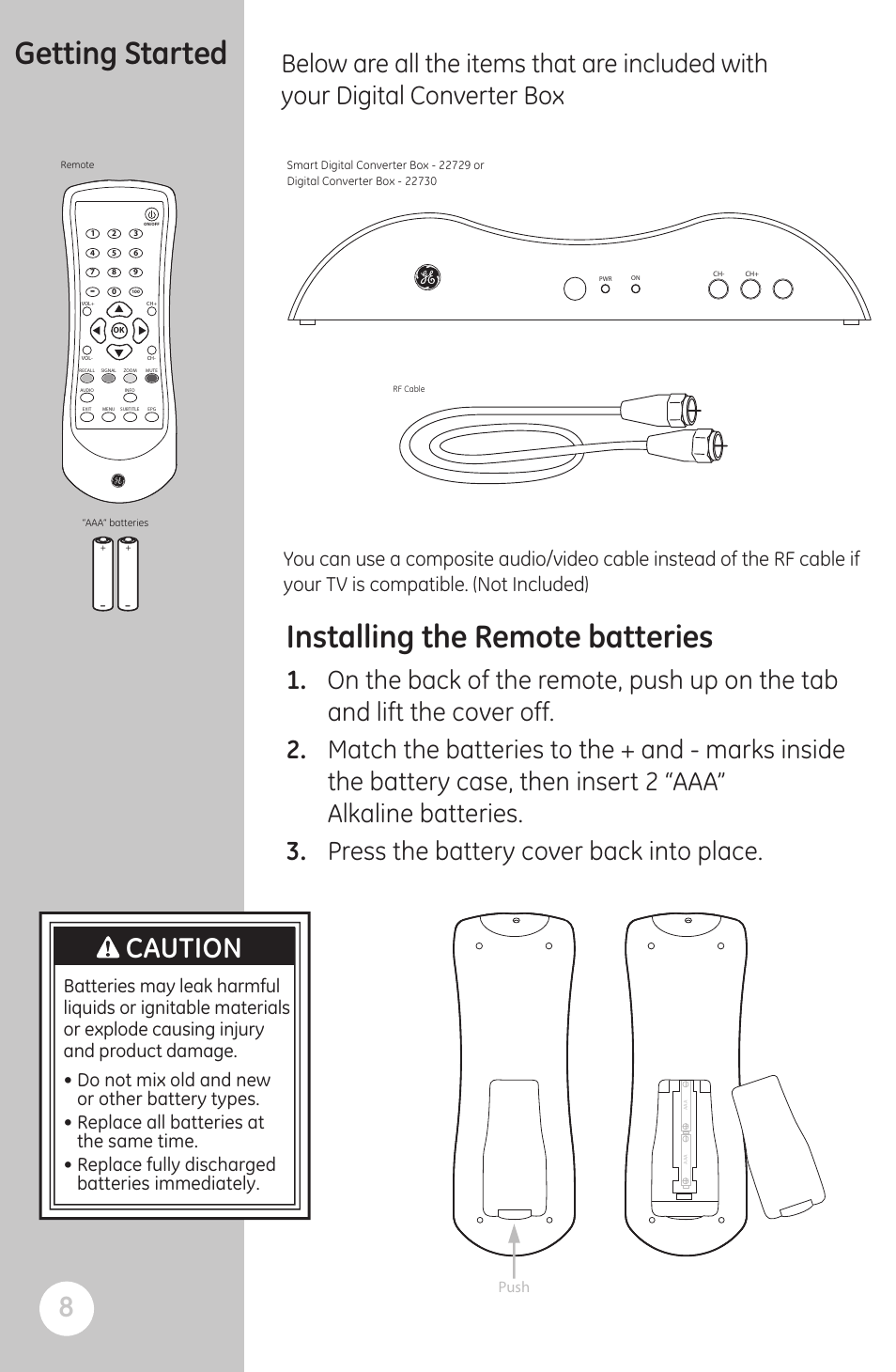 Getting started, Installing the remote batteries, Caution | GE 22729 User Manual | Page 8 / 23