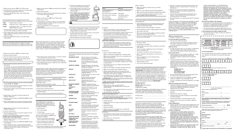 Cid n, Id s, Emory | Eplacing, Attery, Afety, Recautions, Isplay, Essages, Andset | GE 16197920 User Manual | Page 2 / 2
