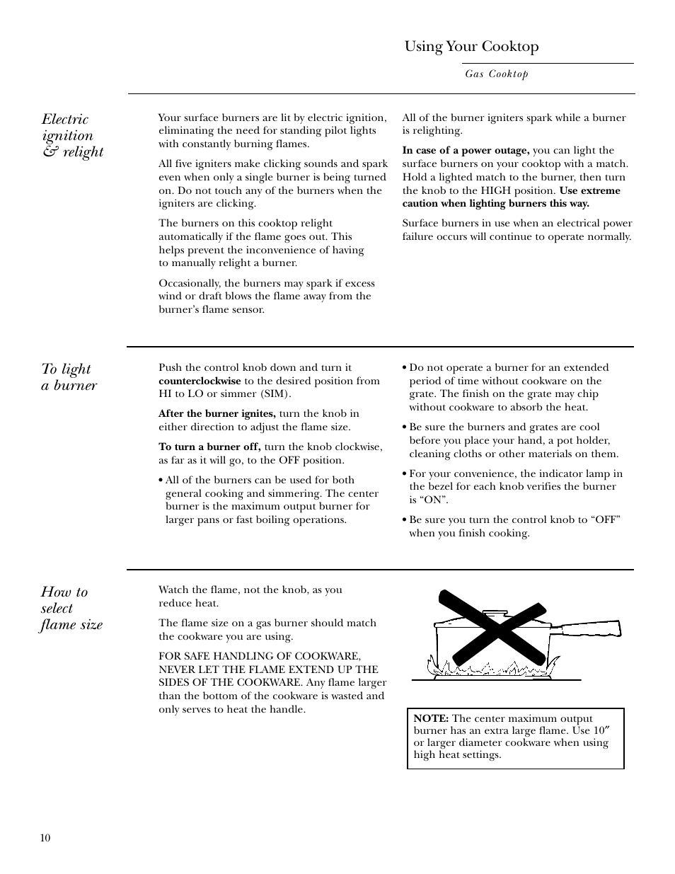 Electric ignition, Flame size, Using your cooktop | Electric ignition & relight | GE ZGU375NS User Manual | Page 10 / 20