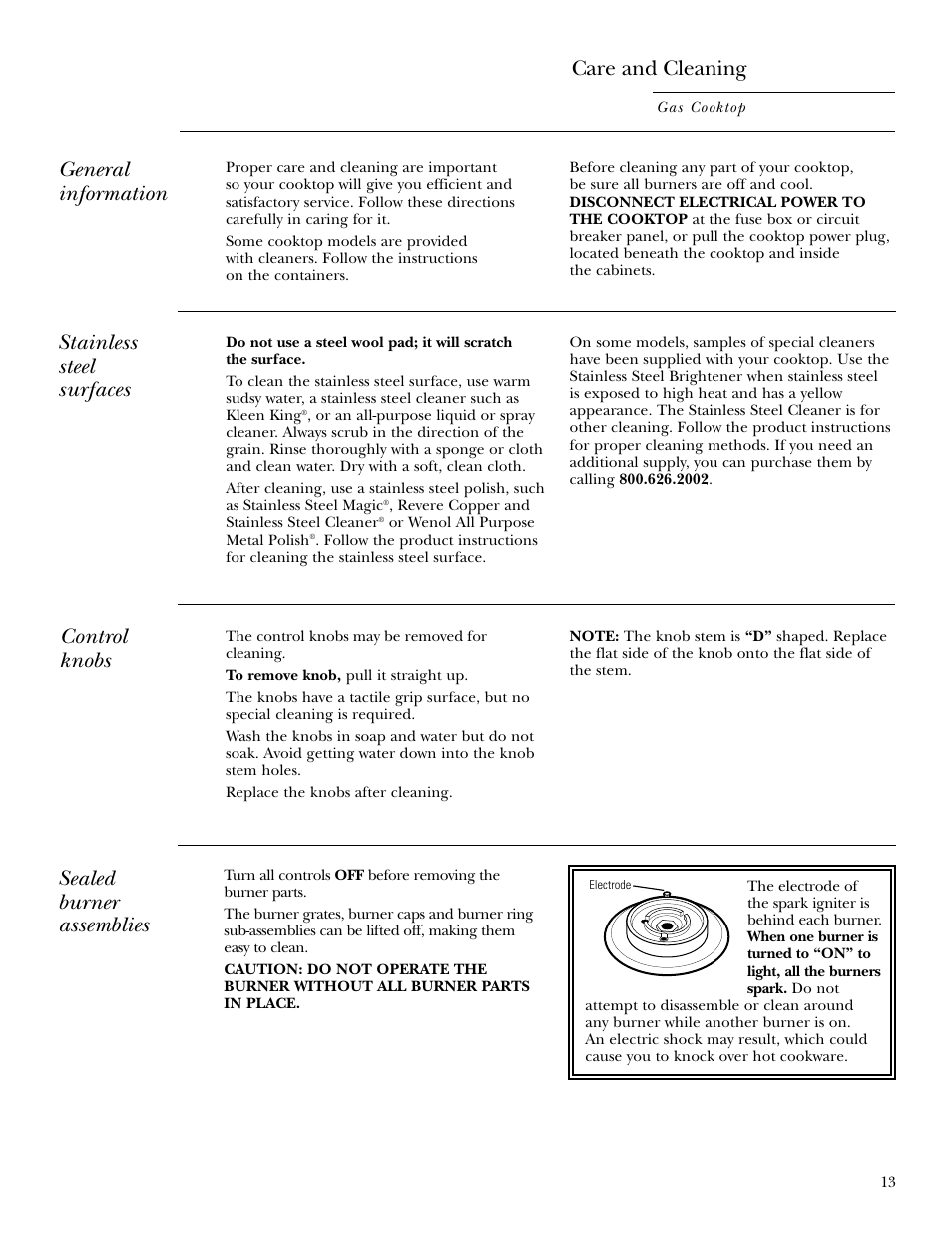 Control knobs, Sealed burner assemblies, Stainless steel surfaces | Sealed burner assemblies care and cleaning, General information | GE ZGU375NS User Manual | Page 13 / 20