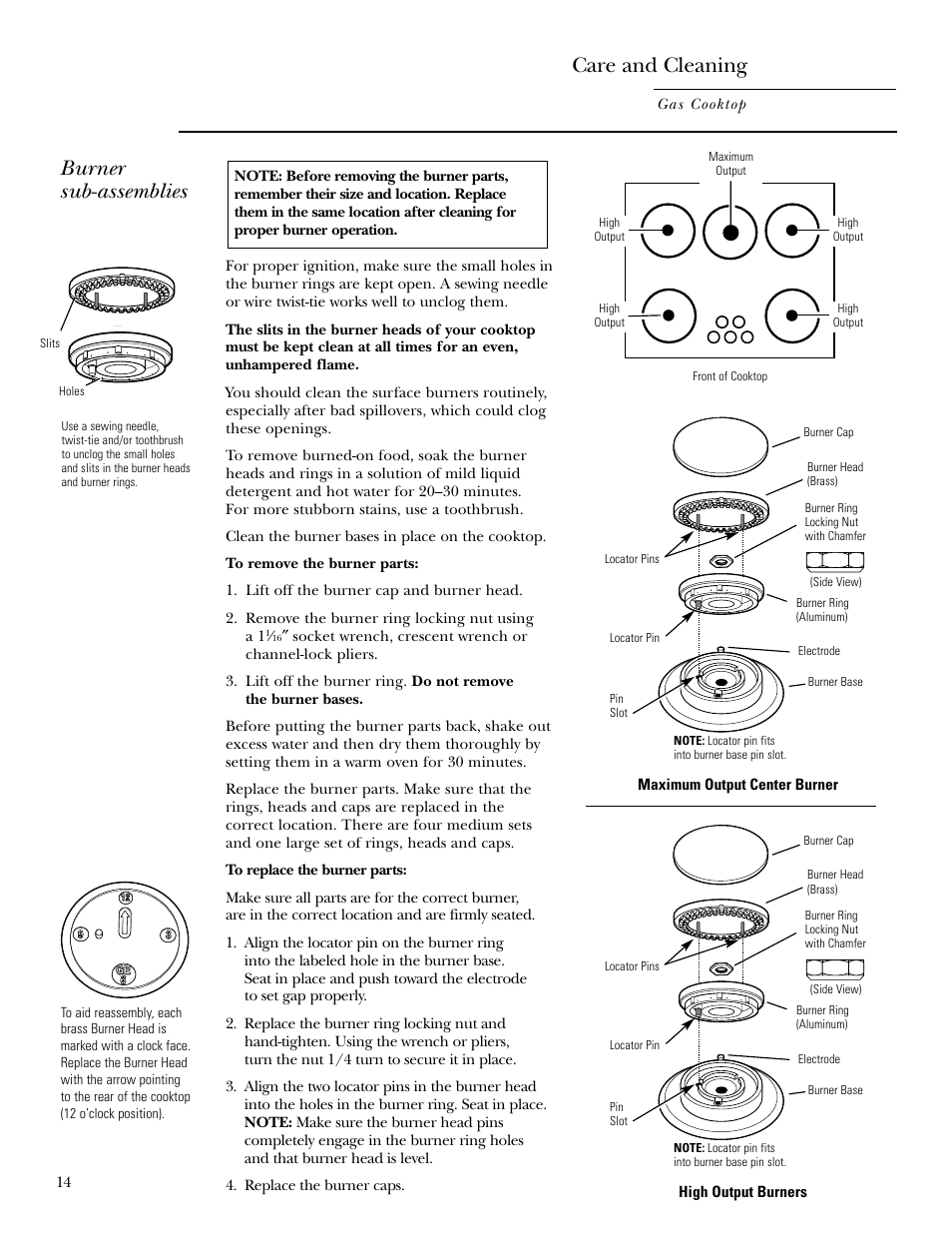 Burner sub-assemblies, Care and cleaning | GE ZGU375NS User Manual | Page 14 / 20