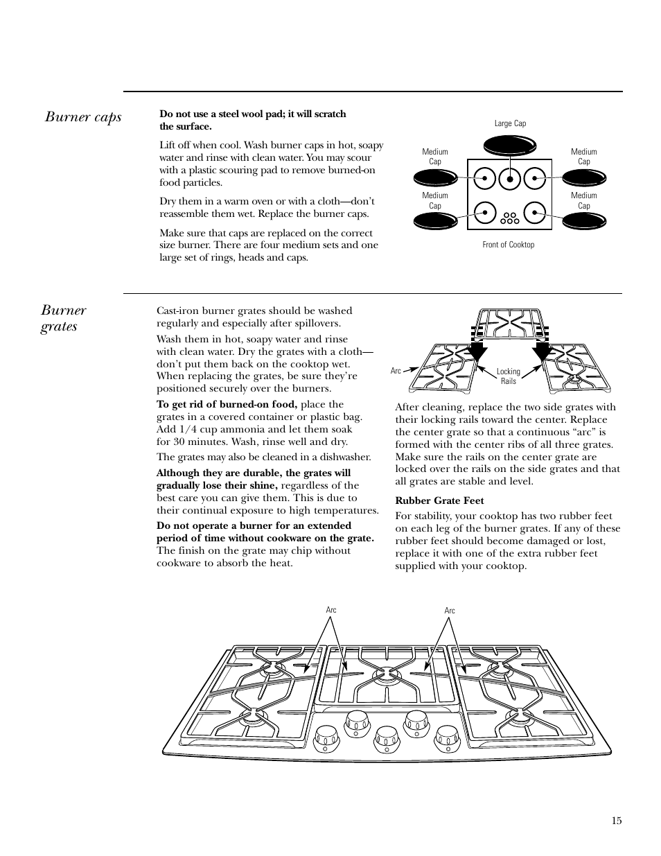 Burner caps, Burner grates | GE ZGU375NS User Manual | Page 15 / 20