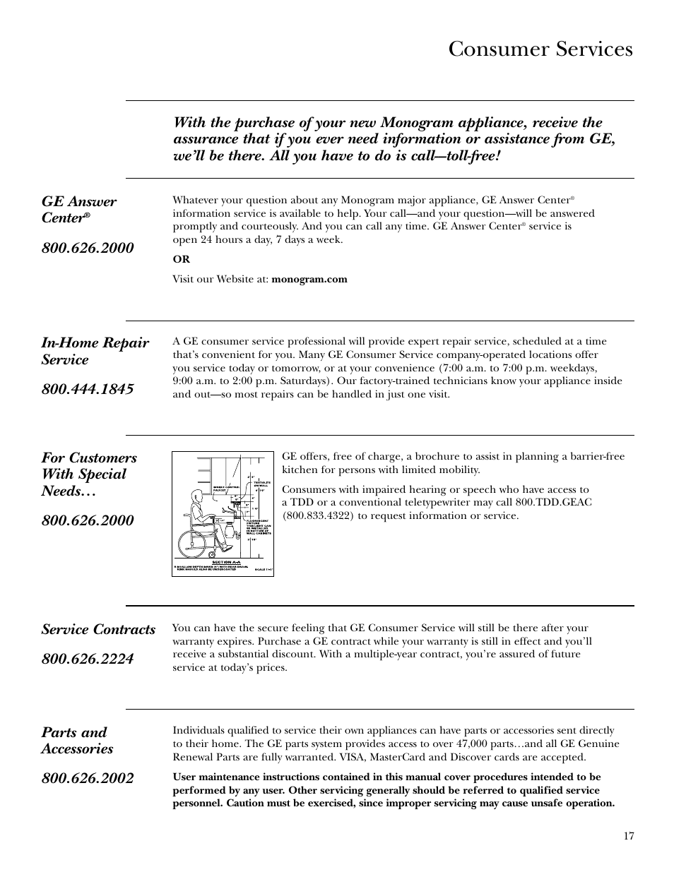 Important phone numbers, Consumer services | GE ZGU375NS User Manual | Page 17 / 20