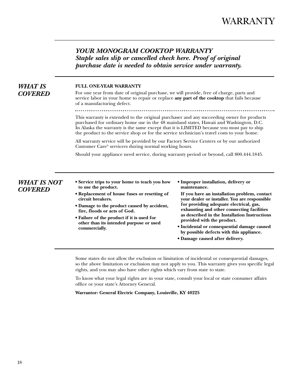 Warranty, What is not covered | GE ZGU375NS User Manual | Page 18 / 20