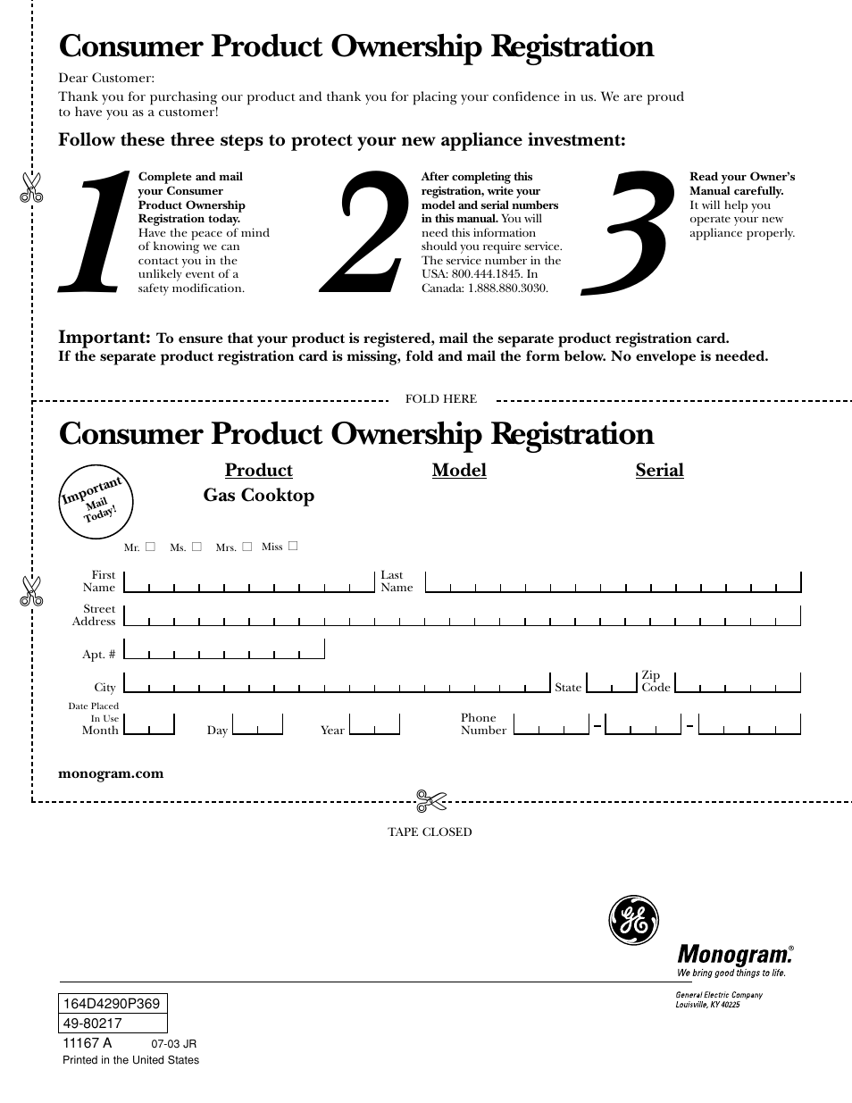 Product registration, Product registration , 20, Consumer product ownership registration | GE ZGU375NS User Manual | Page 20 / 20